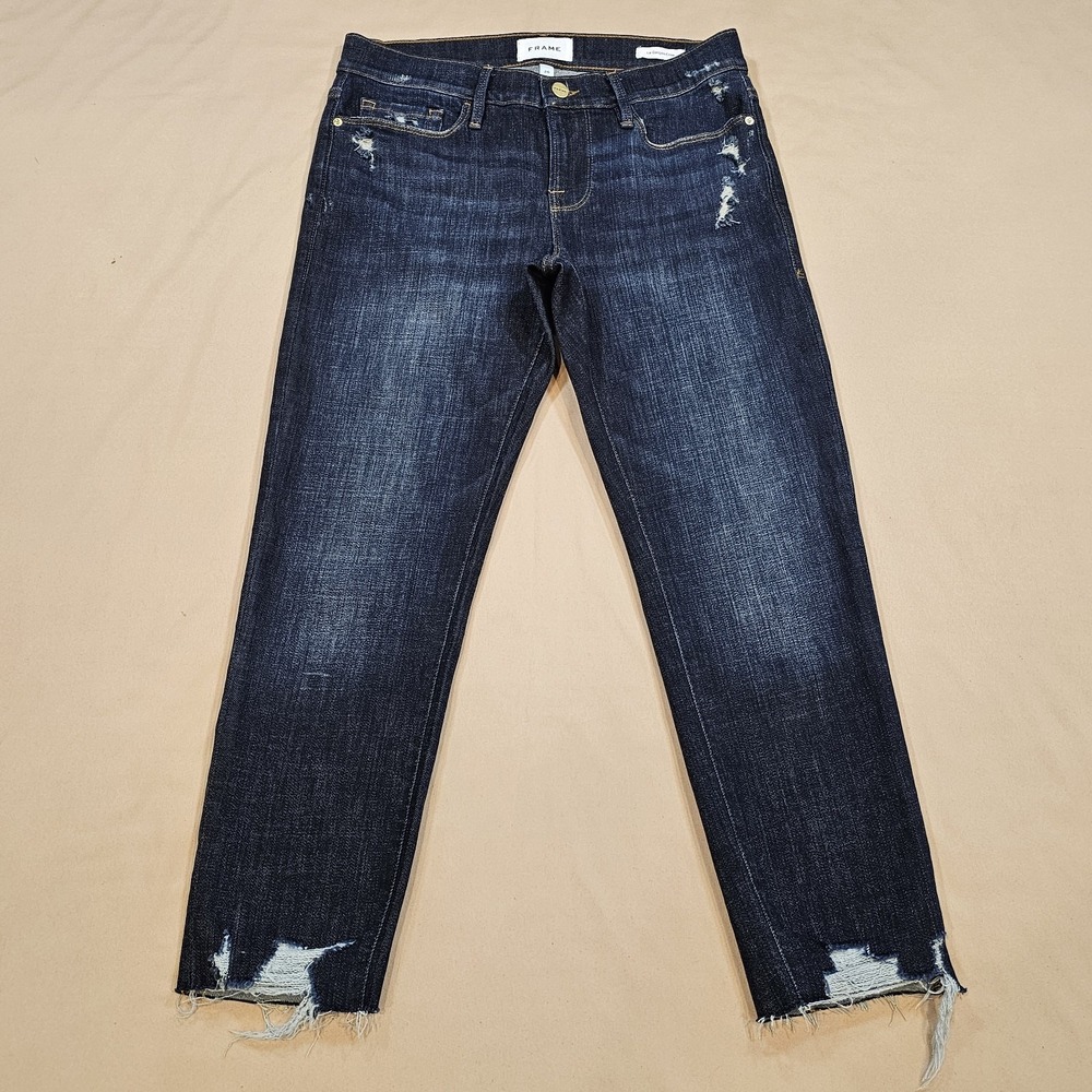 FRAME Denim Garcon Relaxed Boyfriend Crop Distressed Jean, Covant Dark - Size 26